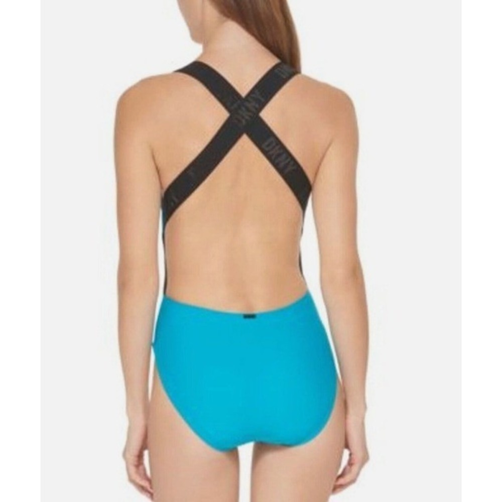 DKNY One Piece Swimsuit Womens L Blue Logo Crossback Straps Athletic Swimwear - Picture 1 of 10